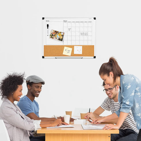 VUSIGN Monthly Calendar Whiteboard Cork Board Combo, 18" x 24", Planning Board with Silver Aluminium Frame