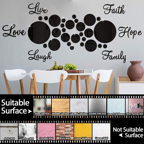 Zonon 3D Acrylic Mirror Wall Decor Stickers, 6 Word DIY Faith Live Laugh Hope Love - Black