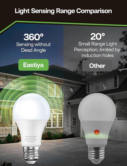 Dusk to Dawn Sensor LED Outdoor Light Bulb, Daylight White 5000K, A19 13W(100 Watt Equivalent) Bright Porch Lighting, 1200LM, Auto-On/Off Photocell Sensor for Garage Yard Patio Garden-4 Pack by Eastiya