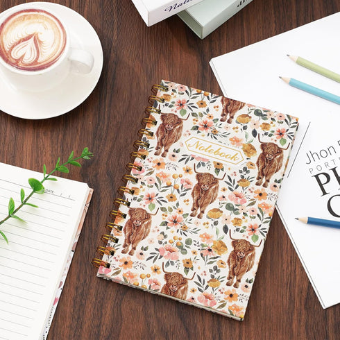 Highland Cow Floral Spiral Journal Notebook, 80 Sheets, A5 Watercolor Flower Cow, College Ruled Notebook, Strong