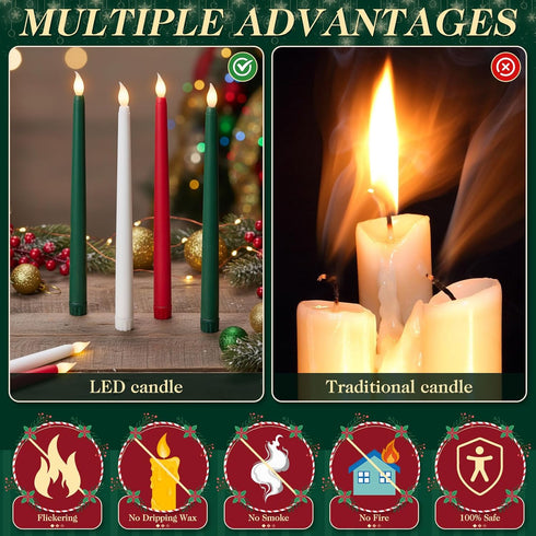 6 11'' Baquler Pcs Christmas Flameless Taper Candles Green Red White Battery Operated Candles LED Plastic Flickering