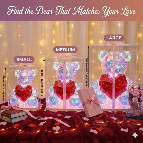 Aladdinas LED Valentines Romantic Gift Teddy Bear Night Light, Holographic Iridescent Design, Nursery Decor Display Box