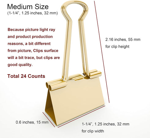 Binder Clips Medium Metal Clamp, 1-1/4 in (1.25 inch), Gold, 24 Count