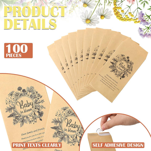 Fumete 100 Pcs Baby Shower Seed Packet Self Adhesive Envelopes for Mini Kraft Seed Packets, No Seeds