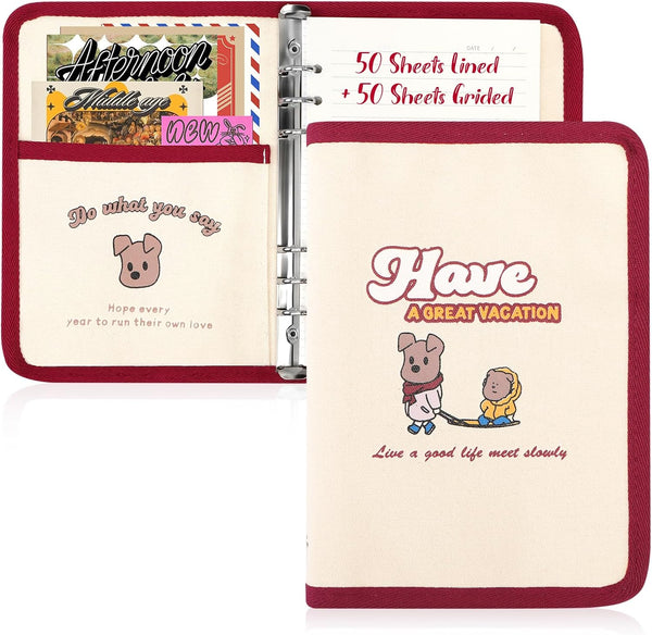 Toplive Cute A5 Refillable Notebook Binder, Canvas 6 Ring Cover, 100 Sheets Filler Paper, Puppy Pattern Journal