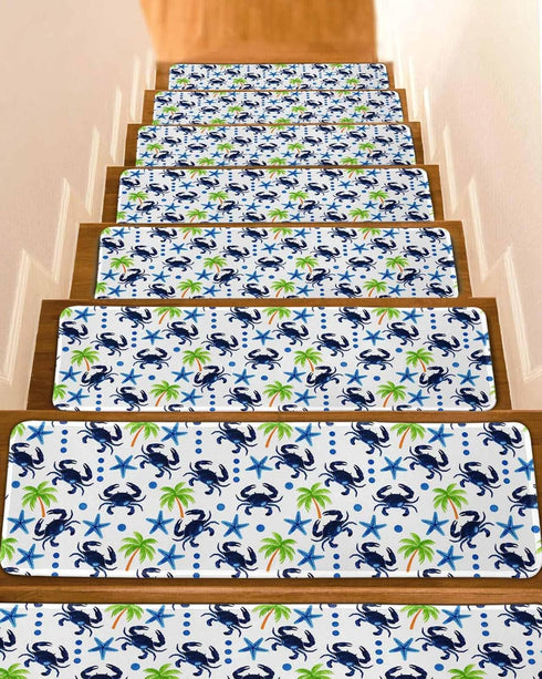 BOHOOSKYLAR Summer Marine Life Stair Treads Watercolor Navy Blue Starfish Crabs Coconut Tree