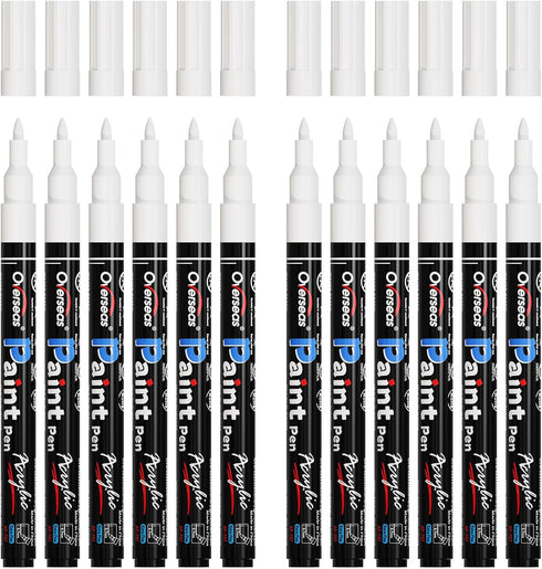 Overseas Paint Pens, White Permanent Acrylic Markers, 12 Pack, Water Based, Extra Fine Marker for Wood, Metal, Glass