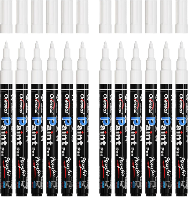 Overseas Paint Pens, White Permanent Acrylic Markers, 12 Pack, Water Based, Extra Fine Marker for Wood, Metal, Glass