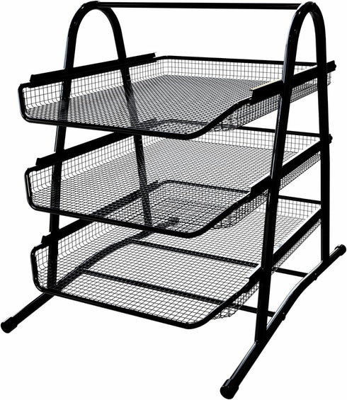 Performore 3 Tier Paper Tray Organizer for Desk, Black Stackable Metal Mesh Letter Trays for Document Storage