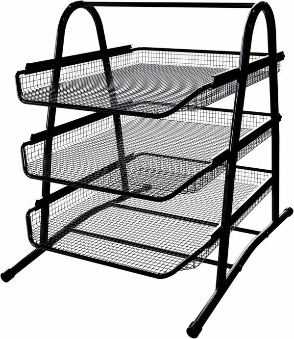 Performore 3 Tier Paper Tray Organizer for Desk, Black Stackable Metal Mesh Letter Trays for Document Storage