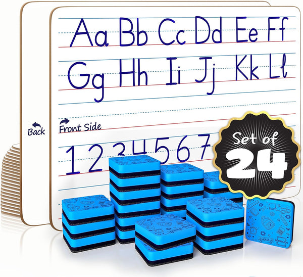 Scribbledo 24 Pack Double Sided Whiteboard Lined Dry Erase Boards, 9x12 Small Writing Board for Kids Handwriting