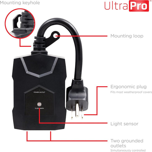 1 Pack, 70303 UltraPro Outdoor Dusk to Dawn Outlet Timer, Dual Outlet Light Sensor Plug, WeatherResistant Automatic