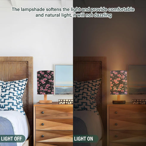 Black and Pink Floral Small Bedside Night Table Lamp Nightstand Lamp with Round Fabric Linen Shade Study Reading Desk