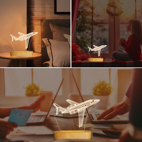 3D Dimmable Illusion Airplane Night Light for Pilot Gift, Unique Aviation Gifts for Men, Wooden LED Lamp with Remote
