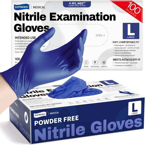 Supmedic Nitrile Exam Gloves, 4 Mil 100 Pcs, Powder-Free Latex-Free Cooking Food-Safe