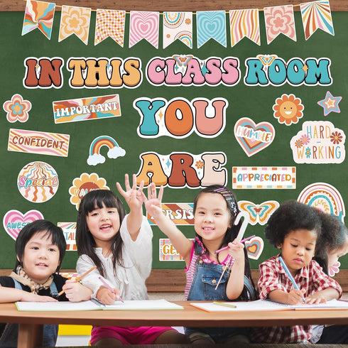 Boho Bulletin Board Decorations, 30Pcs Retro Classroom Decor with Inspirational Affirmation Daisy Floral Signs