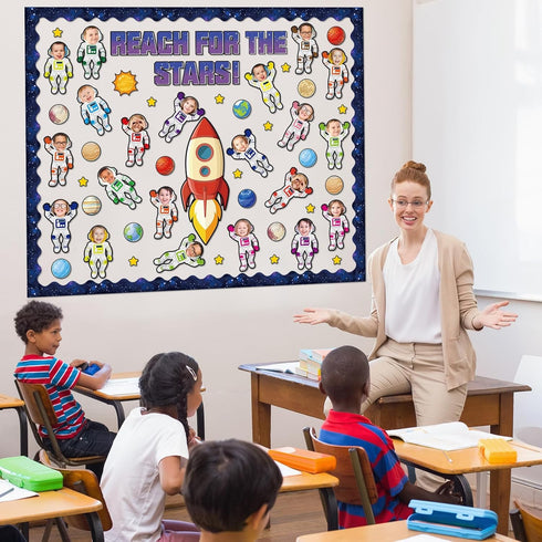 Outer Space Bulletin Board Set - Space Themed Classroom Decoration, Planet, Astronaut, Spacecraft DIY Photo Craft Cutout