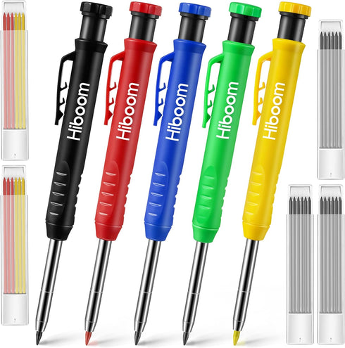 Hiboom 5 Pcs Mechanical Carpenter Pencil, 30 Pcs Refills Needle Nose Tip Hole Marker for Woodworking