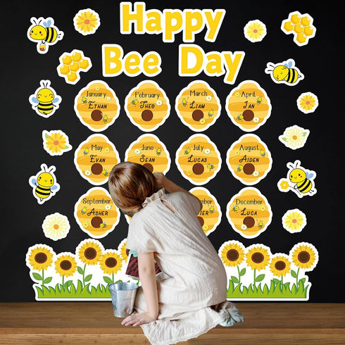Bee Birthday Bulletin Board Set with Happy Bee Day Decorations, Honeycomb Cutouts, and Sunflowers for Classroom Decor