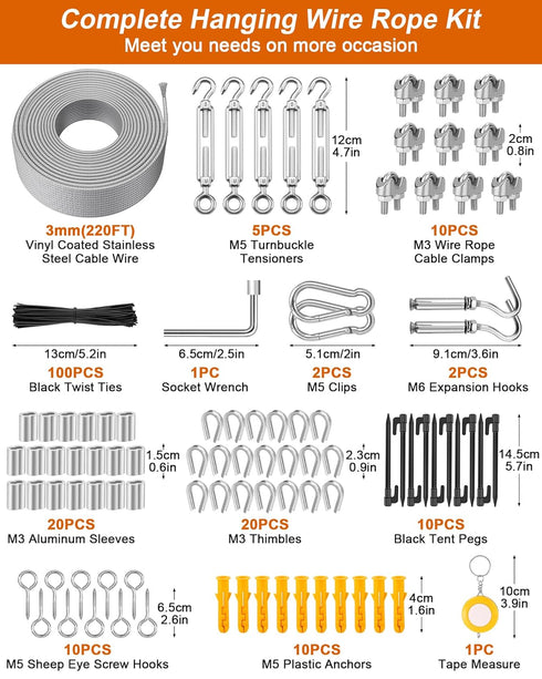 220 FT 1/8" Wire Rope Kit, 304 Stainless Steel Cable with M5 Turnbuckles, Vinyl Coated String Lights Hanging Wire for