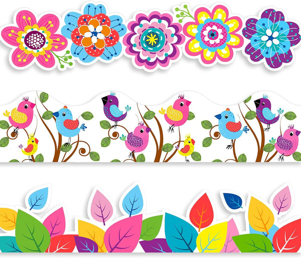 Sabary Spring Bulletin Board Border 59 ft - Colorful Flower Birds Print for Classroom Decor