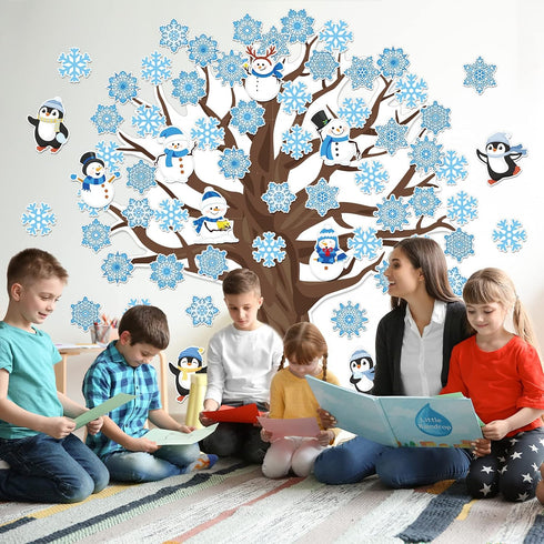 Whaline 104Pcs Winter Tree Bulletin Board Decoration, Snowflake Tree Snowman Penguin Cutouts for Holiday Party School