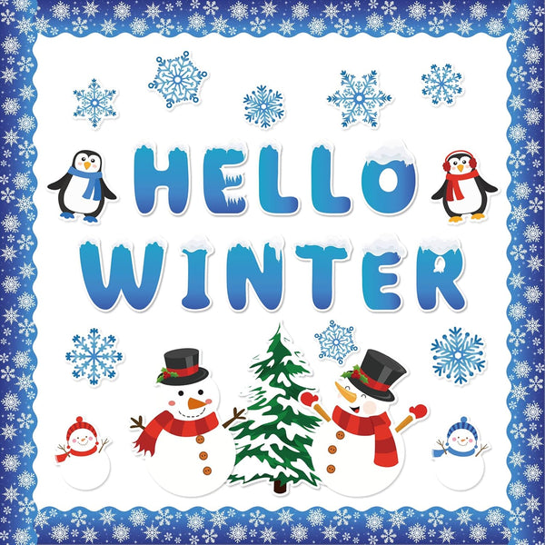 Whaline 82Pcs Winter Bulletin Board Decoration Set - Snowman, Snowflake, Penguin Cutouts for Xmas Holiday Decor