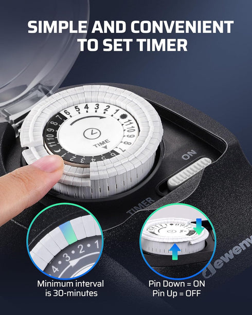 1 Pack 24-Hour Programmable 2 15A 1/2HP DEWENWILS Mechanical Light Timer for Outdoor Lighting, Plug in Timers, Heavy