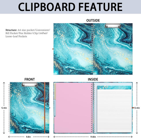 Rimilak Spiral Clipboard Folio with Refillable Lined Notepad, 14.5 x 9.8Inch, Hardcover Clipboard with 5 Interior Pockets, Elastic Band and Pen Loop Series. Cute Stylish Clipfolio, Teal Marble