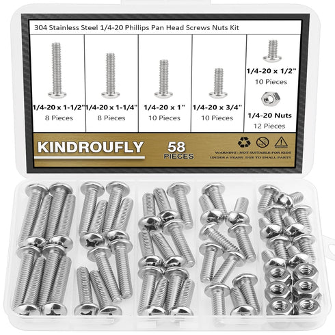 58 Pieces 304 Stainless Steel Machine Screws Nuts Assortment Kit, Phillips Pan Head, Fully Machine Thread