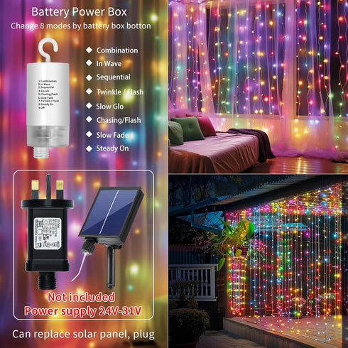 10x10Ft 300LED 8 Dimmable Curtain Lights Battery Operated Waterproof Waterfall Light with Modes Remote Timer Memory