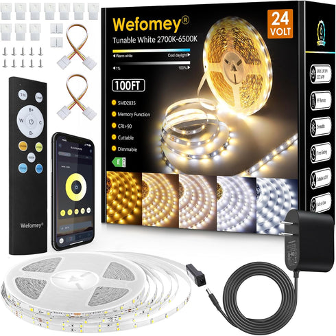 Wefomey White LED Strip Lights, Upgraded 100ft Dimmable 2700K-6500K Bright 24V LED Light