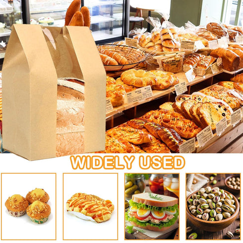 90 Pack 13.7 8.2 3.5 Inch Bakery Bags with Window, Kraft Paper Sourdough Bread Bags with Stickers Treat Bags x x Cookie