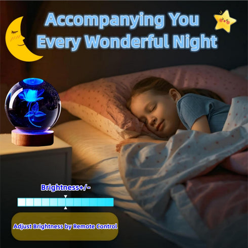 Conalisk 3D Lamp,3.15 inch Base,16 Light,Dimmable Rose Crystal Ball Crystal Ball Night Light with Wooden Colors