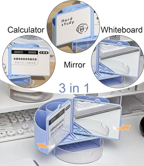 Pencil Pen Holder for Desk with Calculator, Mirror, 7 Slots, 180° Opening, Desktop Storage for Office, School, Home