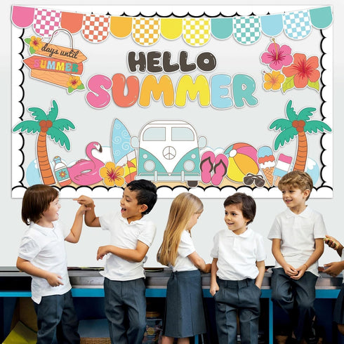 Hello Summer Bulletin Board Decoration Set, Summer Theme Borders, Beach Paper Cutouts for Classroom Decor
