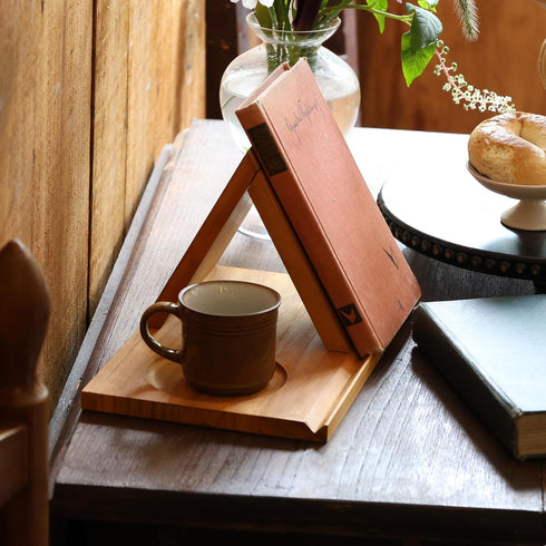 LITIVY Wooden Triangle Bookmark, Small Bookshelf with Drink Holder, Wood Book Reading Rest with Slotted, Book Corner