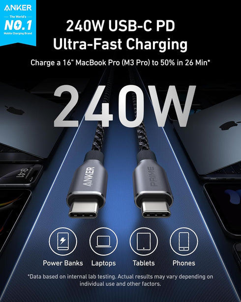240W 100-Year 17 S24(1 Anker Prime USB C to USB C Cable, Fast Charging Cord, Upcycled-Braided Nylon with Bend