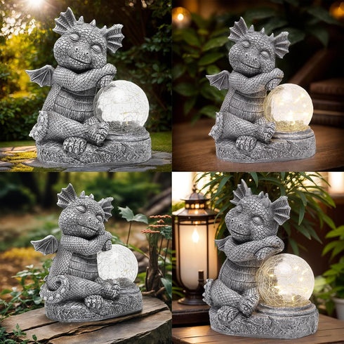 Garden Outdoor Dragon Statue Holding Solar Magic Orb LED Light Resin Adorable Baby Dragon Figurines for Patio Balcony