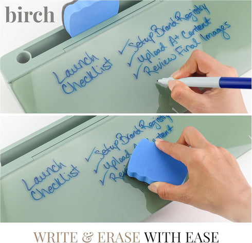 Birch Desktop Whiteboard with Storage & Multiple Markers, Glass Dry Erase Board, Notepad, Tabletop Desk Whiteboard