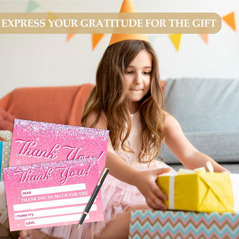 HMJKL 20 Pack (15) Pink Glitter Thank You Cards Fill In The Blank, Rose Gold Thank You Notes For Kids, Thank You