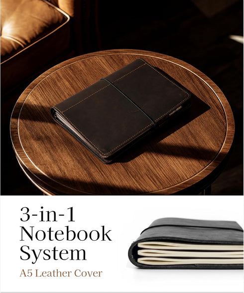 VALTENTIS A5 5.8" 8.3", 3 Leather Notebook Cover - Refillable Full-Grain Leather Journal Cover for Multiple Inserts x