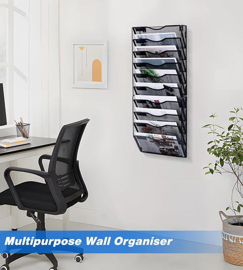 Wall File Holder, 10 Pockets Hanging Wall Organizer, Document and Mail Storage for Office, Black