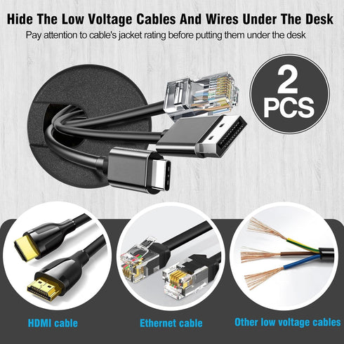 JTemgle 2" Grommet, 2 Black Desk Plastic Cable Hole Cover Computer Table Cord Wire Organizer Caps Desktop Cord
