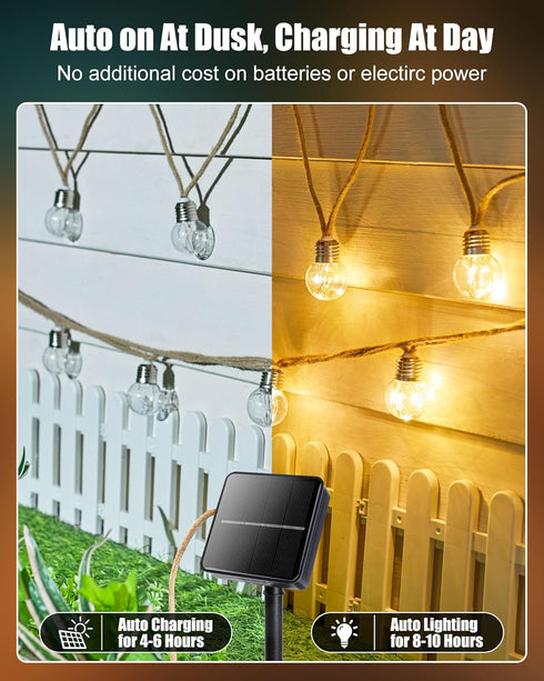 30Ft 15 Bulbs, 8 Brightown Solar String Lights Outdoor, Vintage Hemp Rope Solar Patio Lights with Shatterproof Light