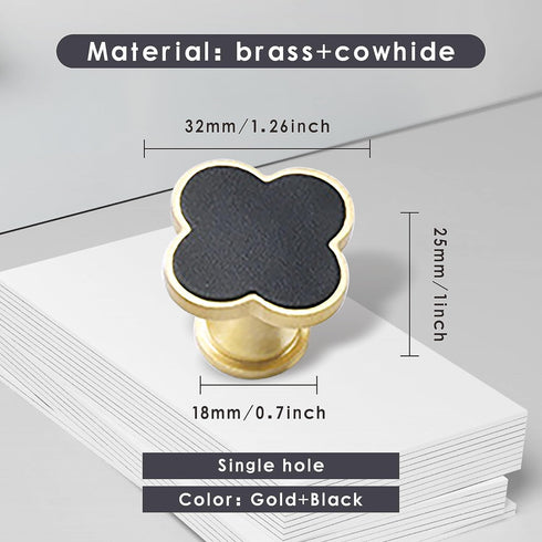 HUHUIAOH 2 Pack Four-Leaf Clover Leather Handle Gold Brass Leather Handle Single Hole Wardrobe Dresser Bedroom Bedside