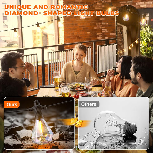 48 24 Bulbs 2700K Dimmable IP65 Kawaya Outdoor String Lights FT LED Patio Lights with Shatterproof Unique Diamond