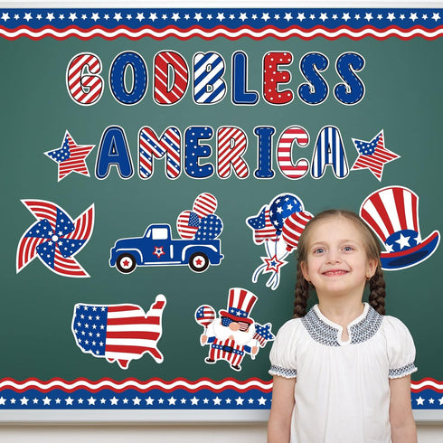 Whaline 95Pcs Patriotic Classroom Bulletin Board Decoration Kit God Bless America Cartoon 4th of July Cutouts for Decor