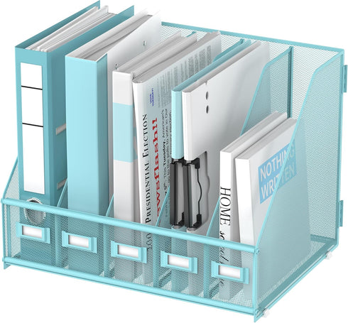 SUPEASY Desk Organizers Metal Magazine File Holder with 5 Vertical Compartments for Office Desktop, Blue Plus