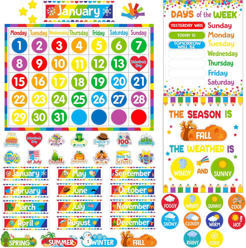 Tenare Calendar Bulletin Board Set, Seasons Weather Chart Display with Stickers for School Classroom Bedroom Decoration